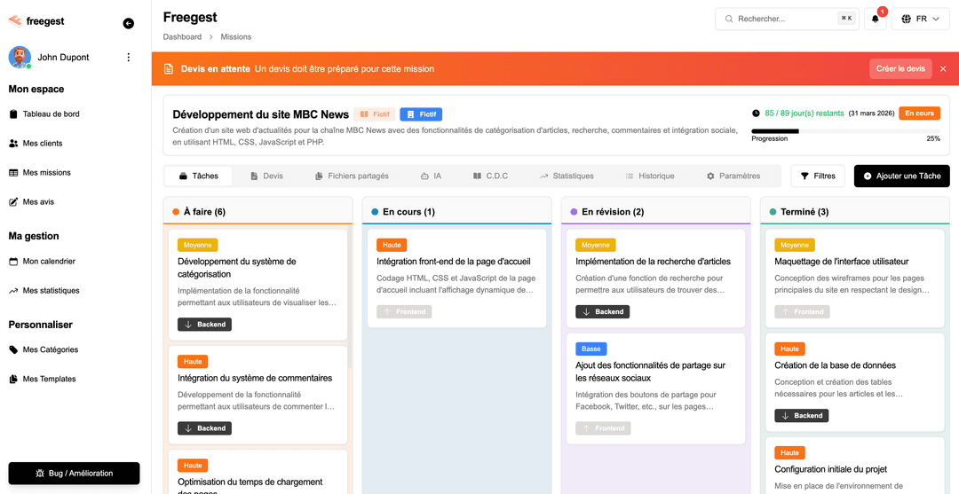 Tableau de bord des missions