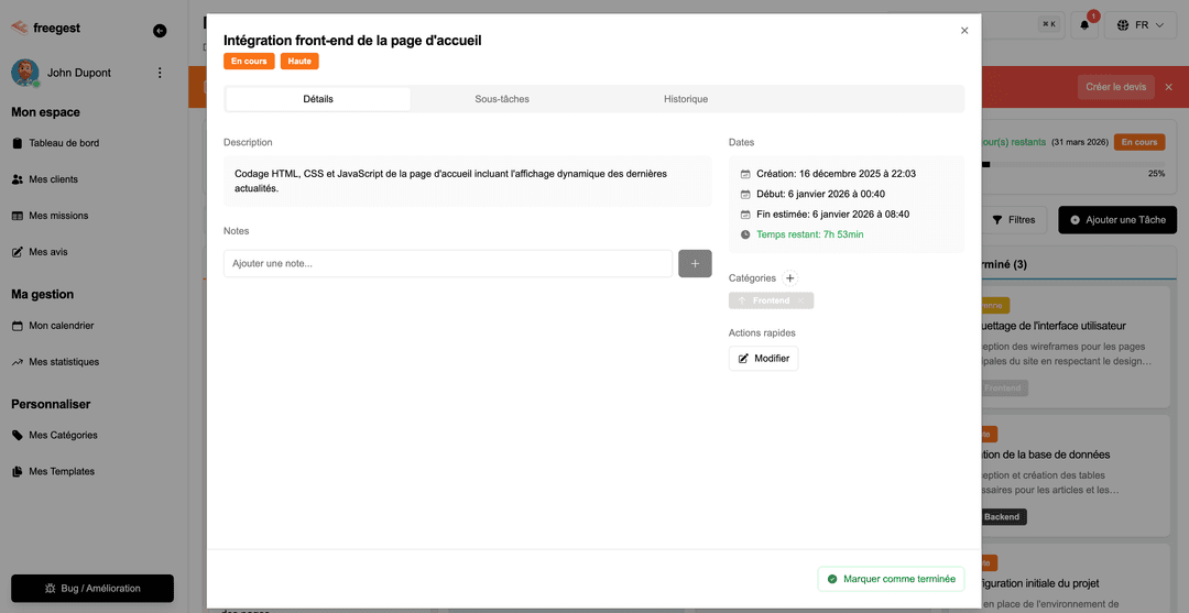 Détails des tâches